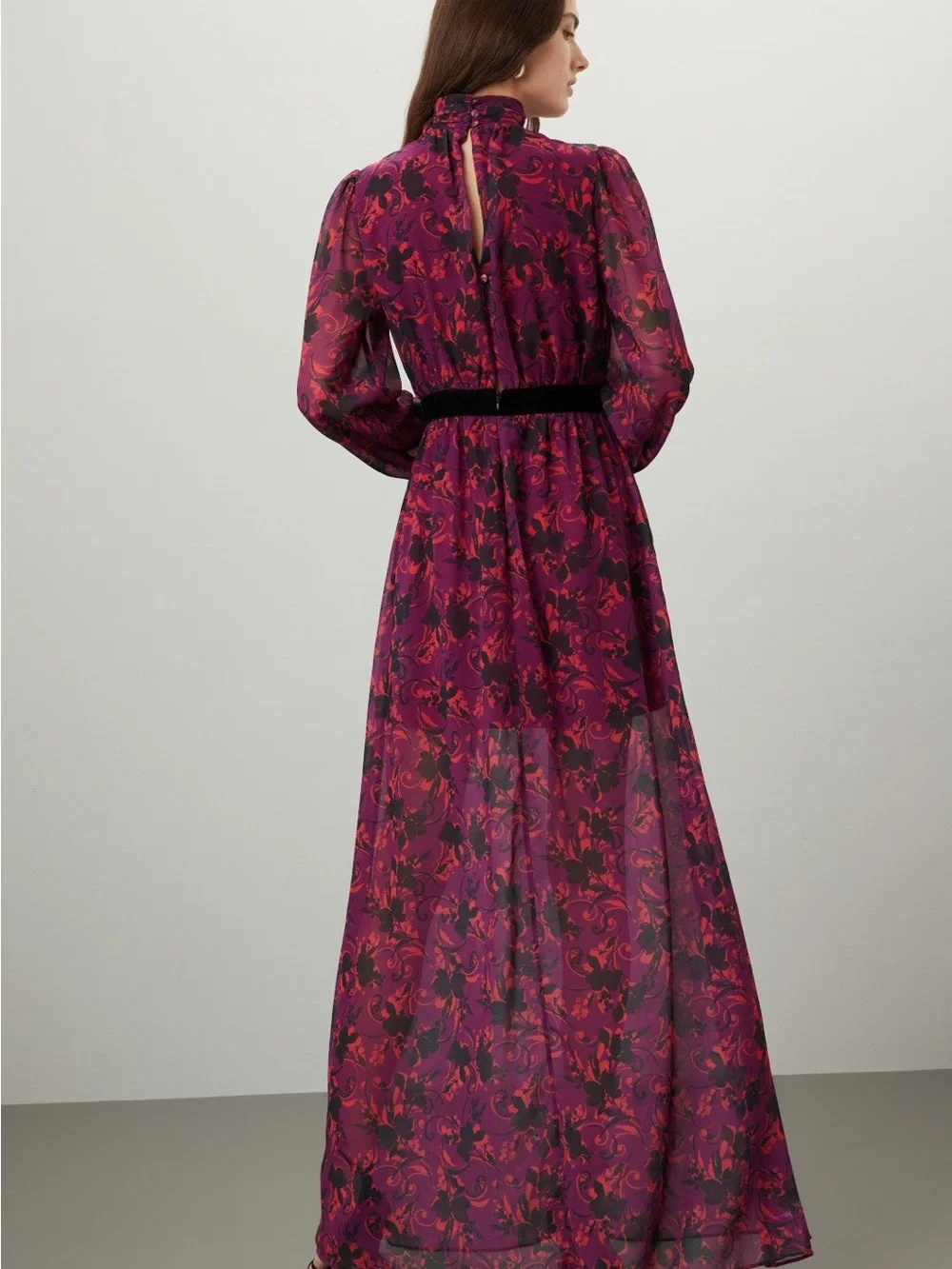 Floral Print High-Neck Long Sleeve Maxi Dress - Purple - Picture 3 of 9